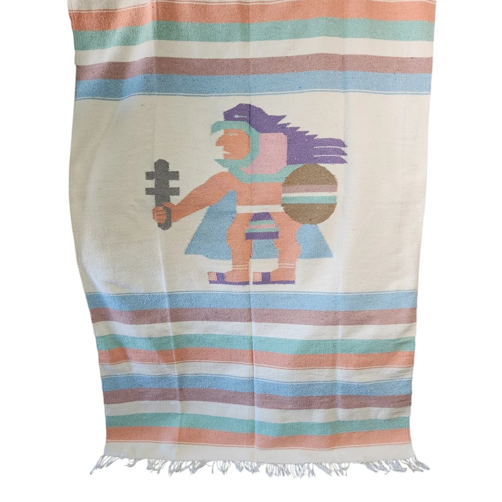 Vintage Pastel Striped Aztec Warrior Blanket Rug Wool Mexican Throw Saddle Boho